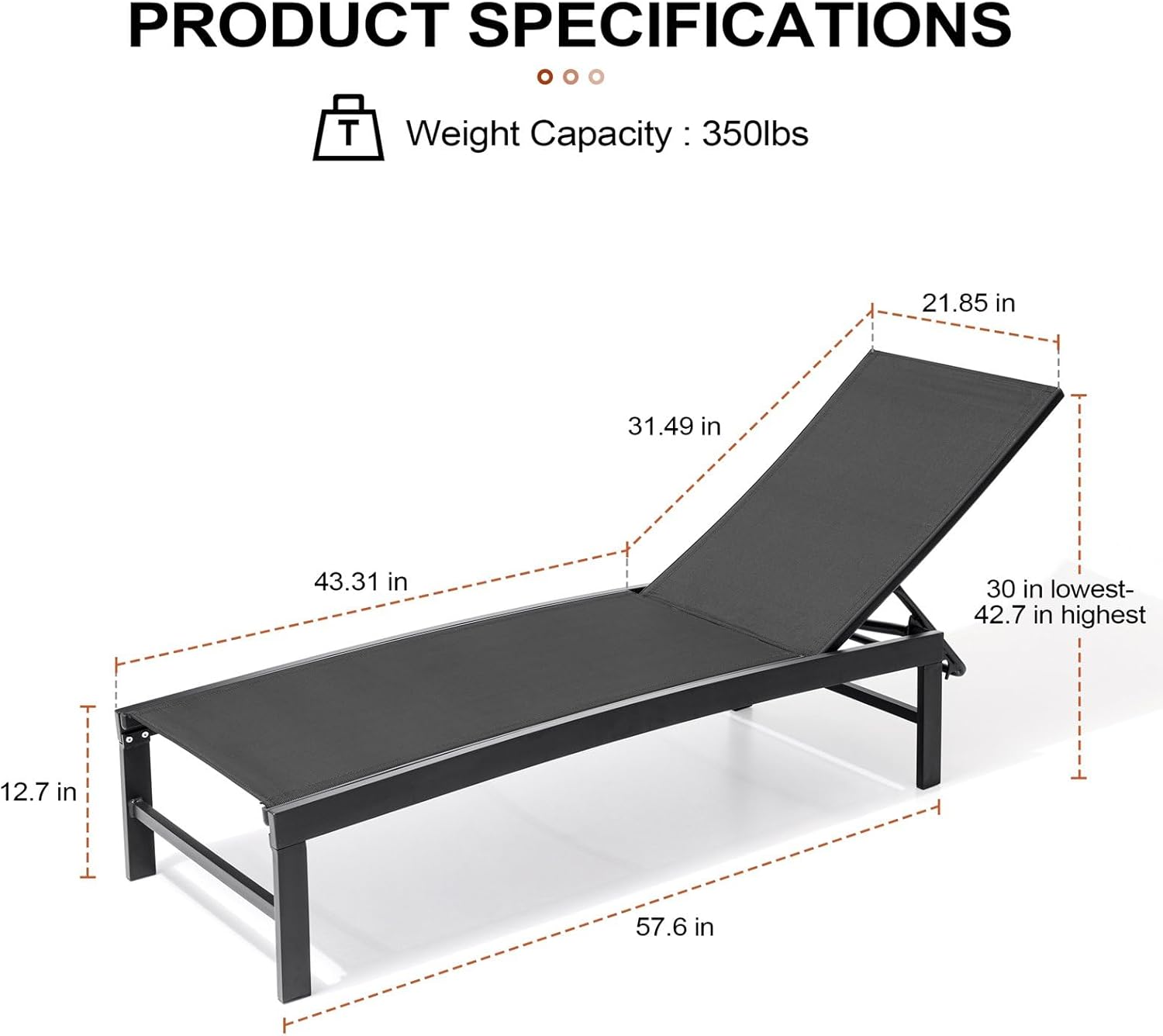 Crestlive Products Outdoor Pool Lounge Chairs Set of 2 with Side Table, Adjustable Five-Position Recliner for Beach, Pool, Sunbathing, Lawn