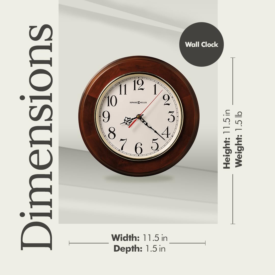 Howard Miller Brentwood Wall Clock – Wood Finish, Brass Bezel, Silent Quartz Movement, Round, Battery Operated, Home or Office Decor
