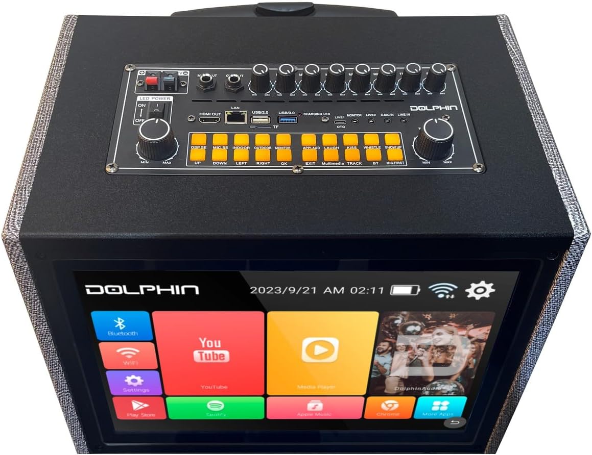 Dolphin KB-2100R Karaoke Machine with 2 Wireless Mics, Dual 10" Woofers | 14" Touchscreen, Android 11.1, Bluetooth, USB, TF, FM & AUX Inputs