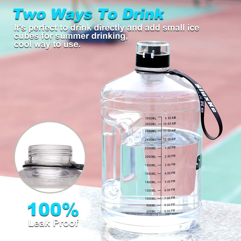 SLUXKE Gallon Big Water Bottle with Handle, 128oz Leakproof BPA Free Fitness Sports Water Bottle with Motivational Time Marker & Wide Mouth Ensure You Drink More Water