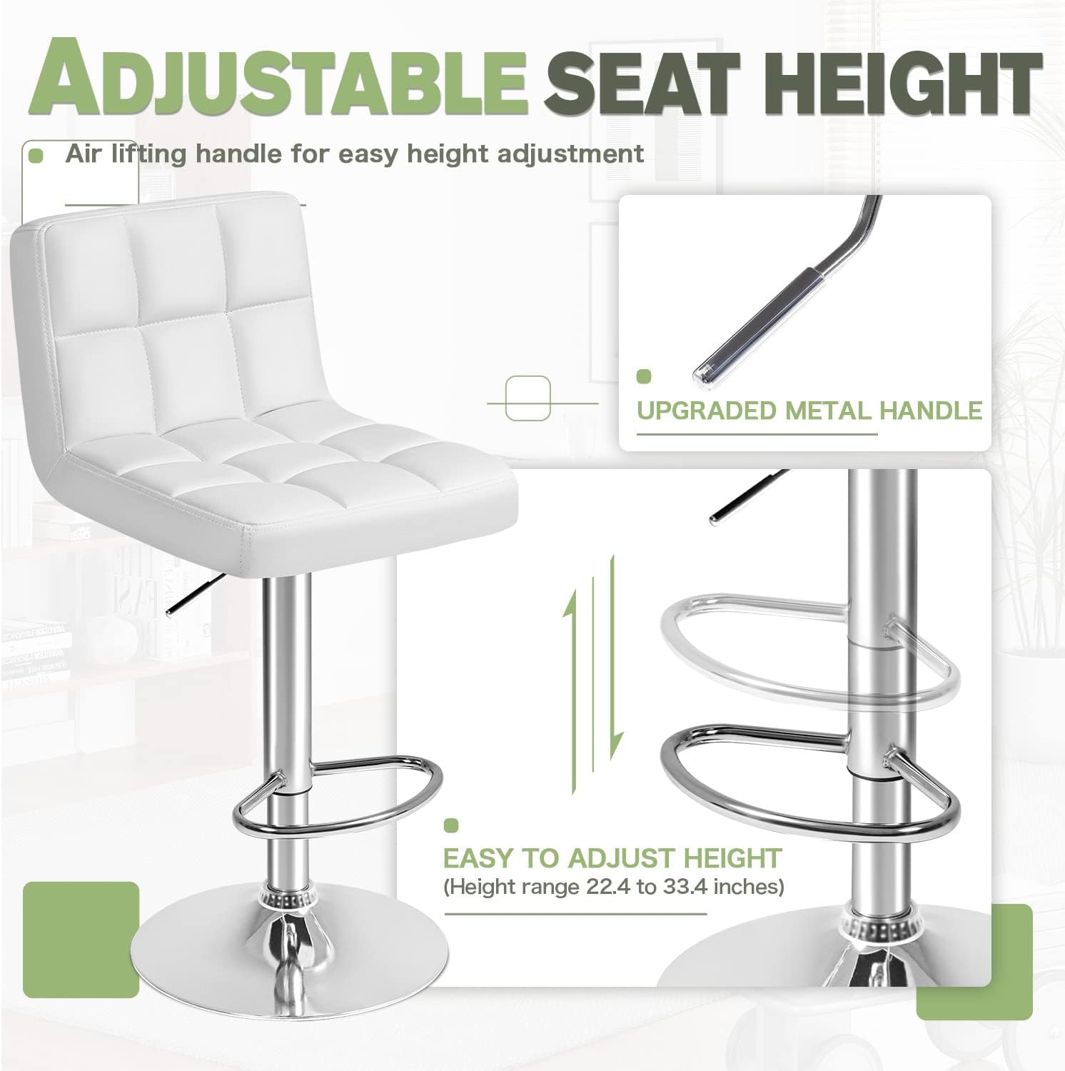 Furmax Bar Stools Modern Pu Leather Swivel Adjustable Hydraulic Bar Stool Square Counter Height Stool Set of 2 (White)