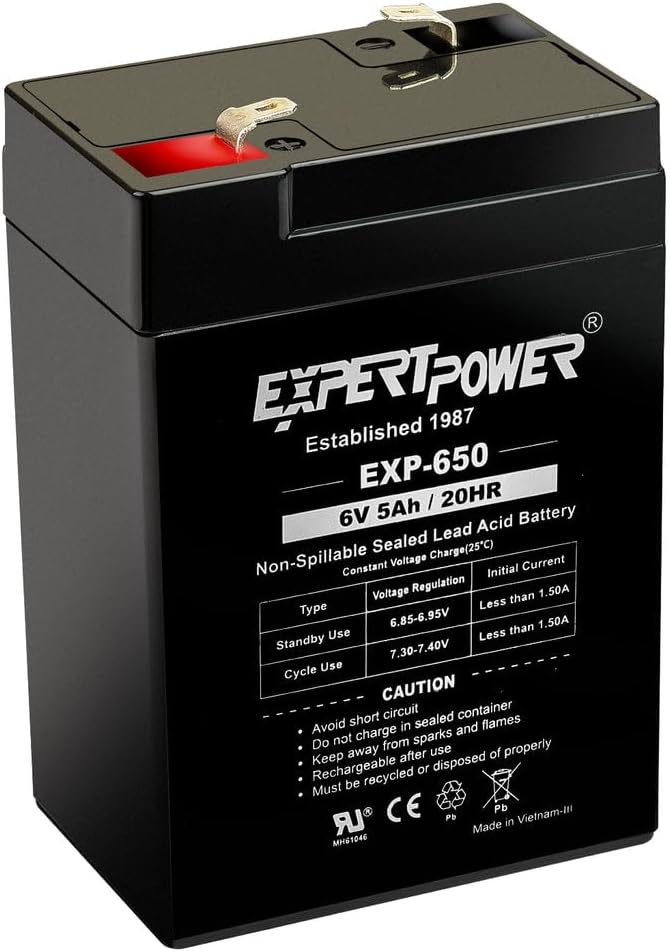 ExpertPower EXP650-6V 5Ah / 20HR SLA Rechargeable 6V Battery for Ride on Toys, Emergency Light, Exit Sign Battery Replacement, Sealed Lead Acid 6 Volt Batteries with F1 Terminals