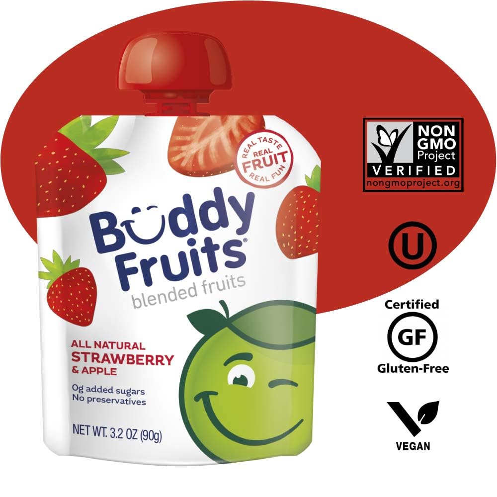 Buddy Fruits Snacks To Go Multifruit Unsweetened Applesauce 3.2oz Pouch (18pk) Gluten-Nut-Dairy-Preservatives-BPA Free, Non GMO, Kosher