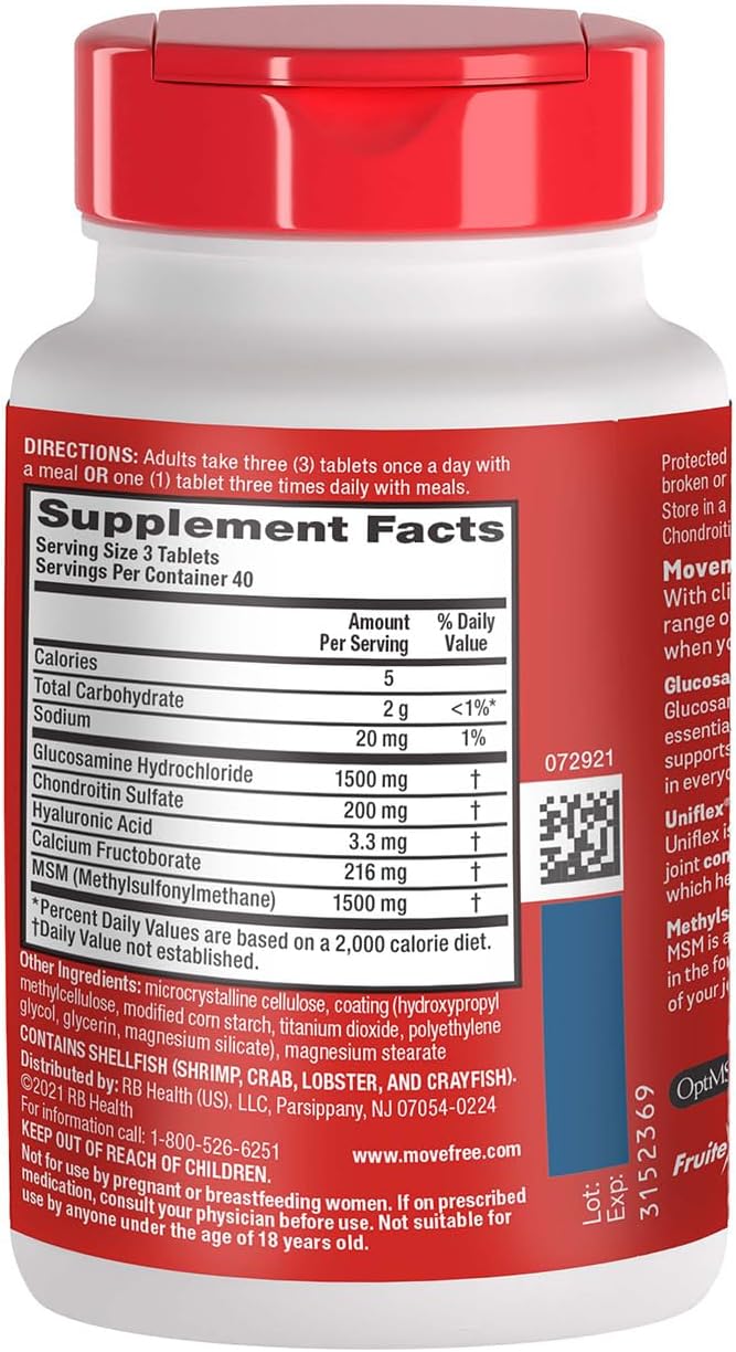 Move Free Advanced Joint Support, Glucosamine, Chondroitin + MSM - 120 ct | Supports Mobility Comfort Strength Flexibility & Bone, 40 Servings, Bone & Joint Support Supplement tablets, Fruitx-B