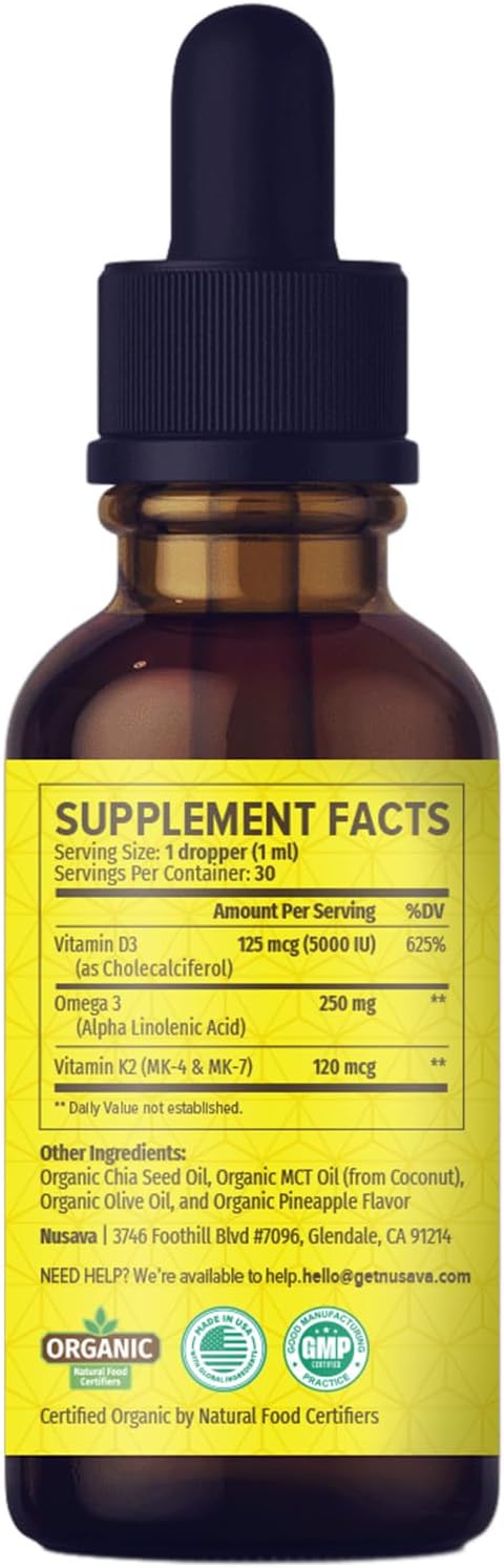 Nusava Organic Vitamin D3 K2 Drops with MCT Oil, Unflavored, Pack of 2