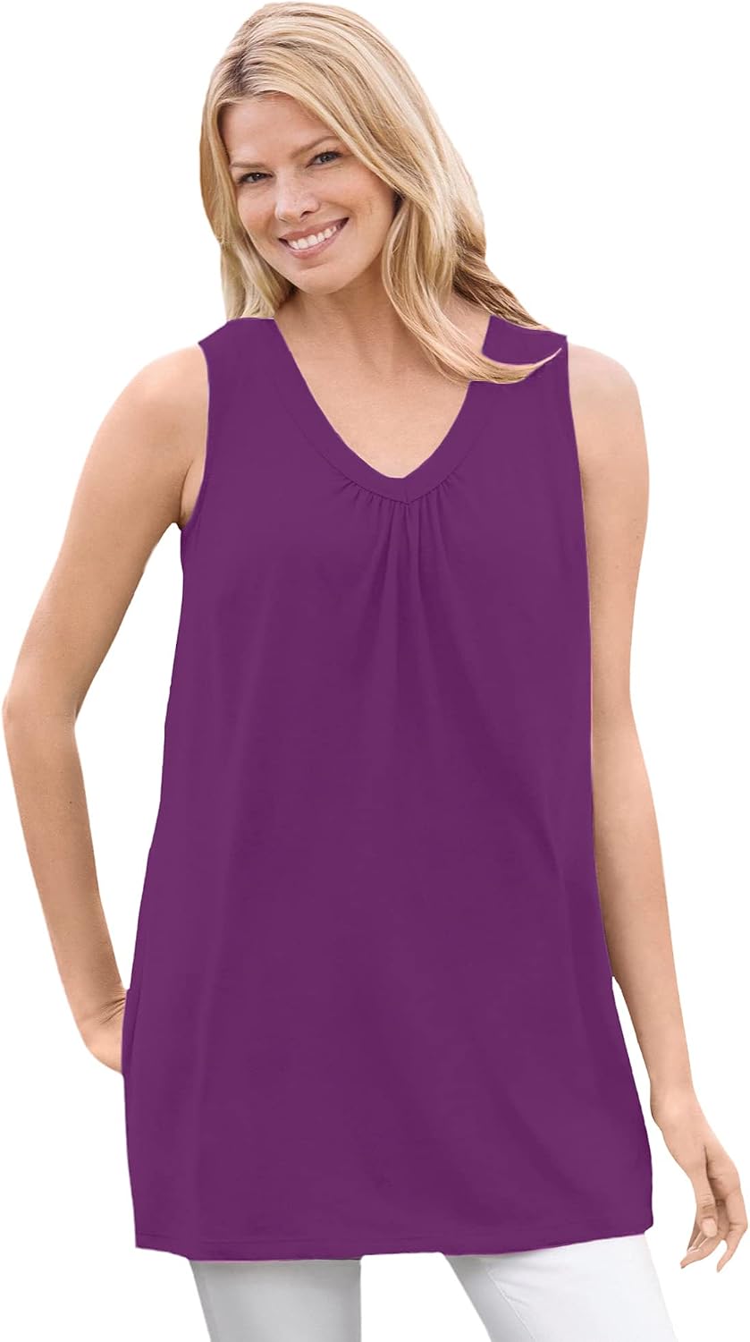 Woman Within Perfect Sleeveless Shirred V-Neck Tunic