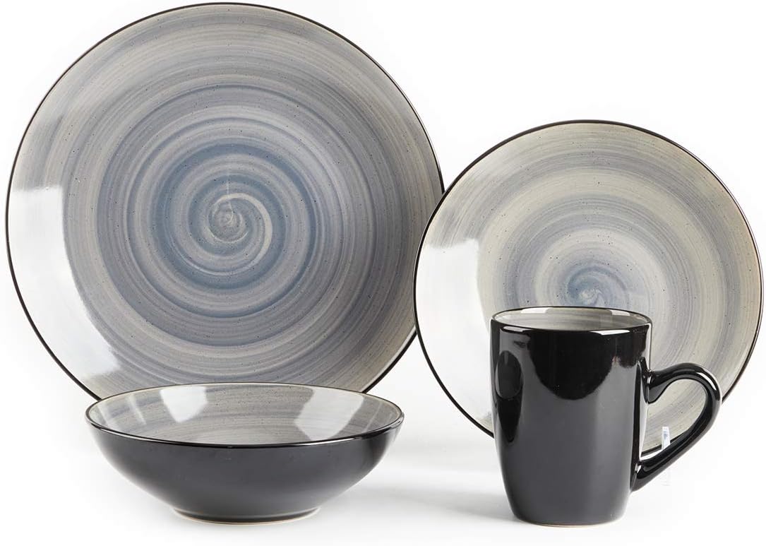 HomeVss, Sonoma Stoneware Dinnerware Set, Outside Black + Inside Hand Painting Color (16pc Set, Grey)