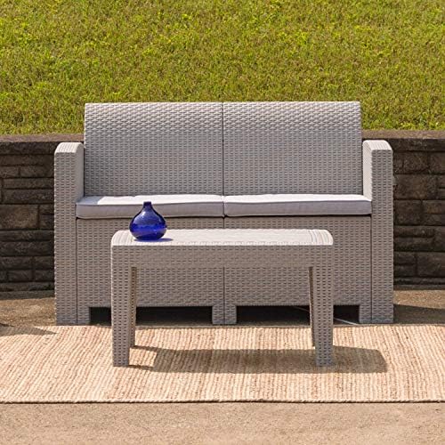 EMMA + OLIVER Light Gray Faux Rattan Loveseat with Light Gray Cushions
