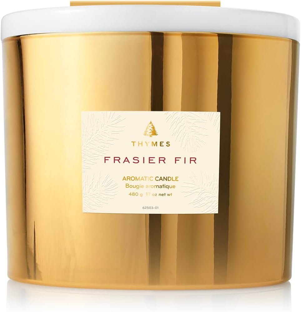 Thymes Frasier Fir Gilded Gold 3-Wick Candle - Scented Candle with a Crisp Just-Cut Forest Fragrance - Luxury Home Fragrance - Elegant Holiday