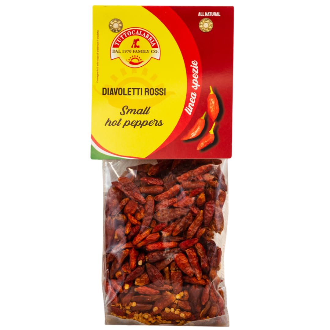 TUTTOCALABRIA Diavoletti Rossi Chili Peppers, Dried Hot Peppers, 50 g | Small Dried Spicy Hot Chili Peppers "Red Devils" for Seafood and Salads
