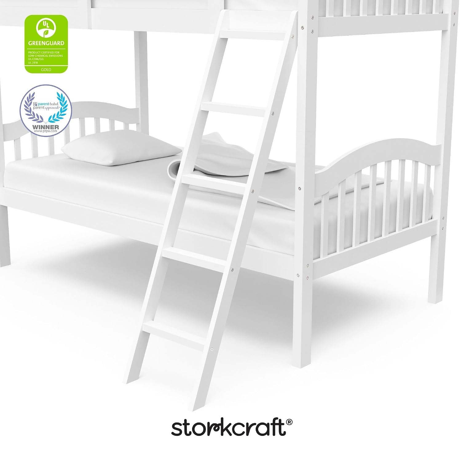 Storkcraft Long Horn Twin-Over-Twin Bunk Bed, White | GREENGUARD Gold Certified, Converts to 2 Individual Twin Beds, Wood Bunk Bed for Kids Bedroom, No Box Spring Required