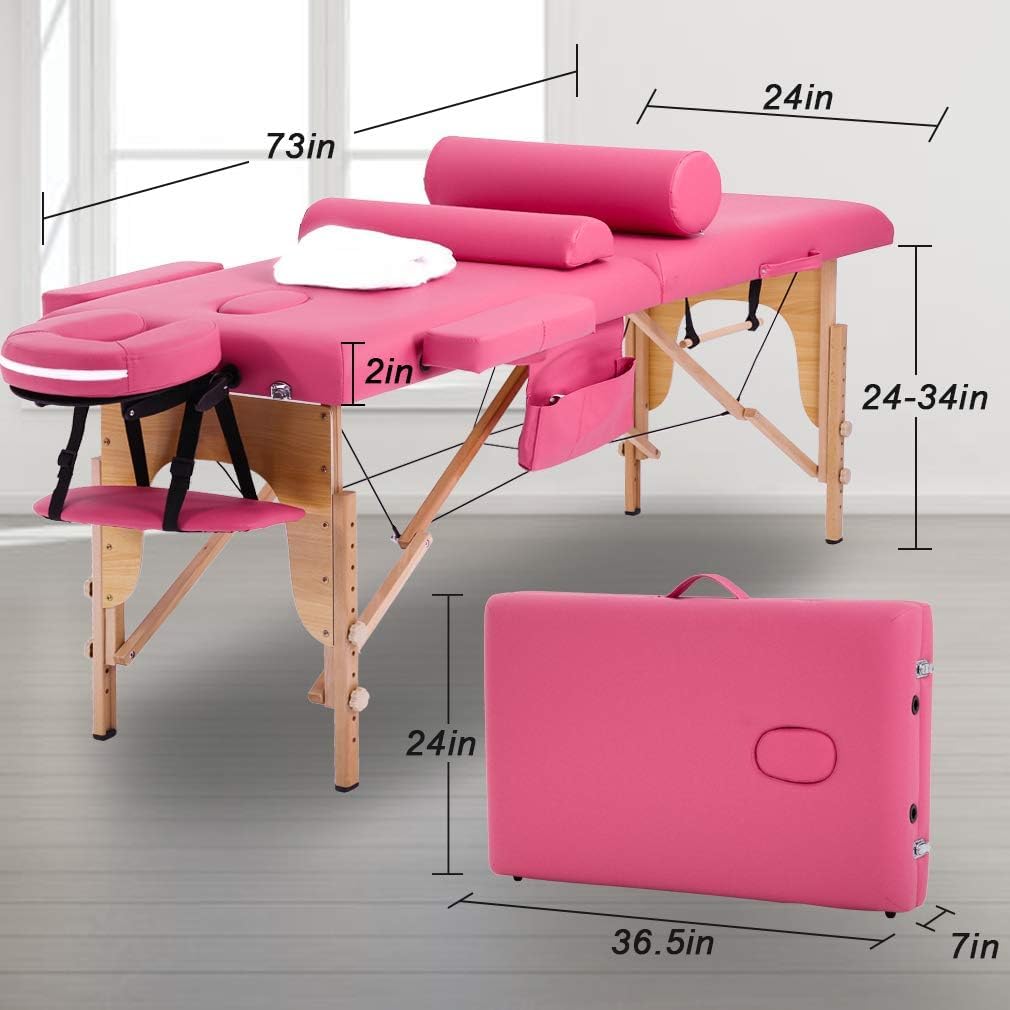 BestMassage Massage Bed Portable Massage Table 28 inch Wide Lash Bed Height Adjustable 2 Folding Spa Table with Towel Hanger Oil Pouch Half Bolster Round Bolster Non-Woven Bag