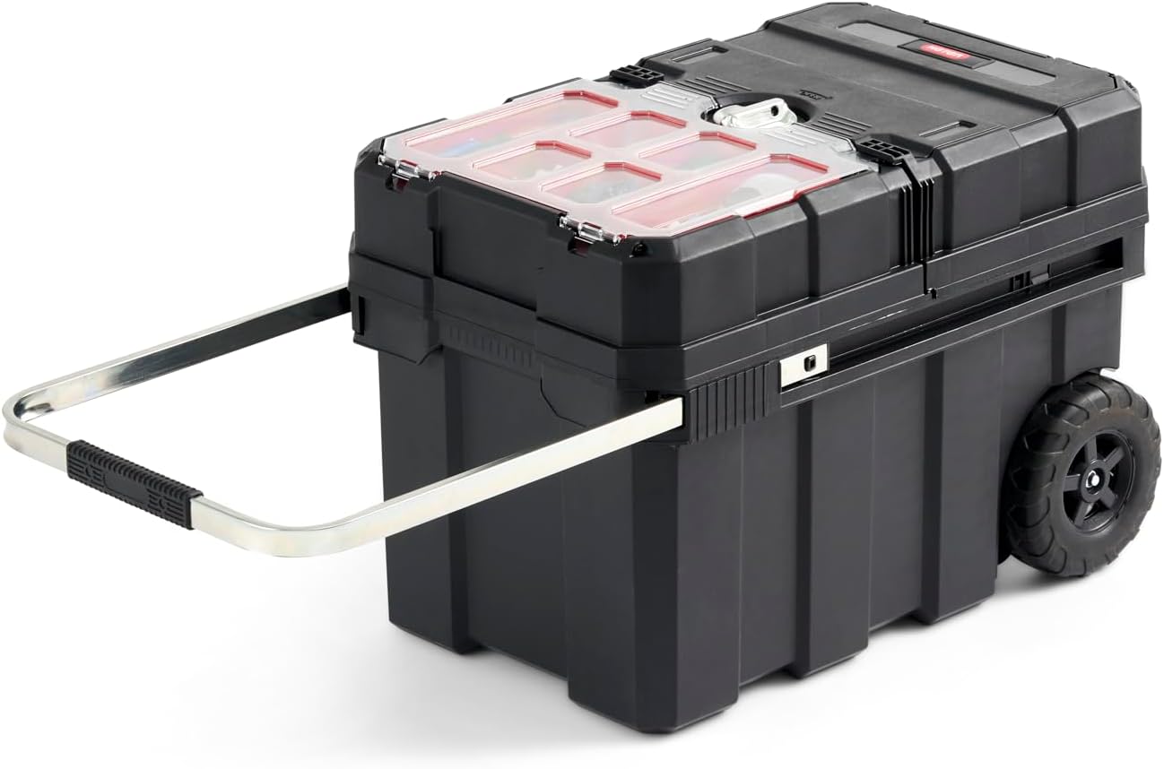 Keter Masterloader Resin Rolling Tool Box with Locking System and Removable Bins – Perfect Organization and Storage Chest for Power Drill, Tape Measure, and Screwdriver Set, Black | Black, Heavy Duty, Weatherproof, All Terrain Wheels, Durable, Easy Slide…