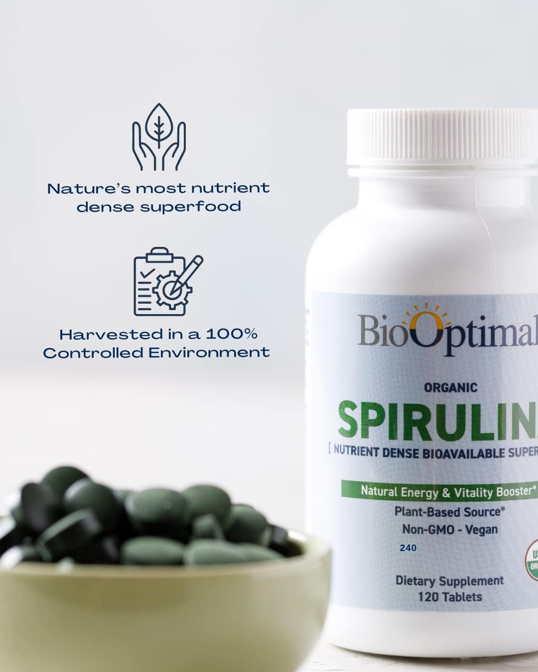 Organic Spirulina Tablets - 120 Tablets | Organic, Non-GMO, No Additives or Fillers - 500mg Premium Quality Dietary Supplement with Vitamins, Minerals, & Antioxidants