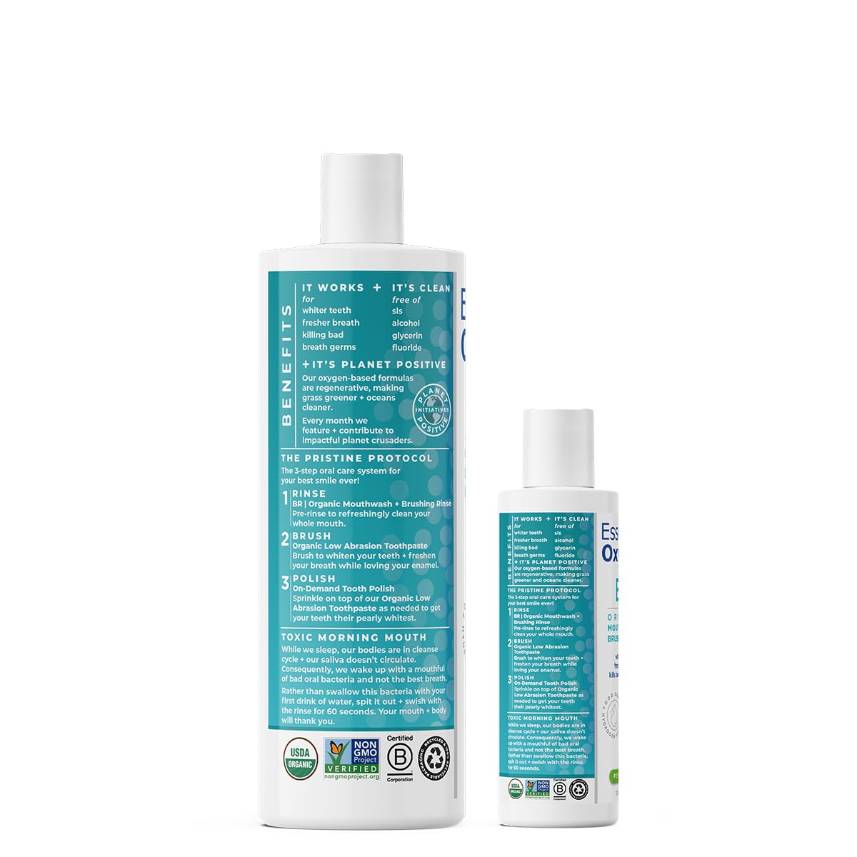 Essential Oxygen Certified BR Organic Brushing Rinse, All Natural Mouthwash for Whiter Teeth, Fresher Breath, and Happier Gums, Alcohol-Free Oral Care, Peppermint, 16 Ounce, Package may vary