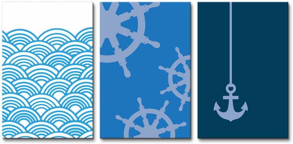 wall26 Canvas Prints Wall Art - Ocean Themed 3 Panel Wall Art with Wave,Anchor and Rudder - 16"x24" x 3 Panels