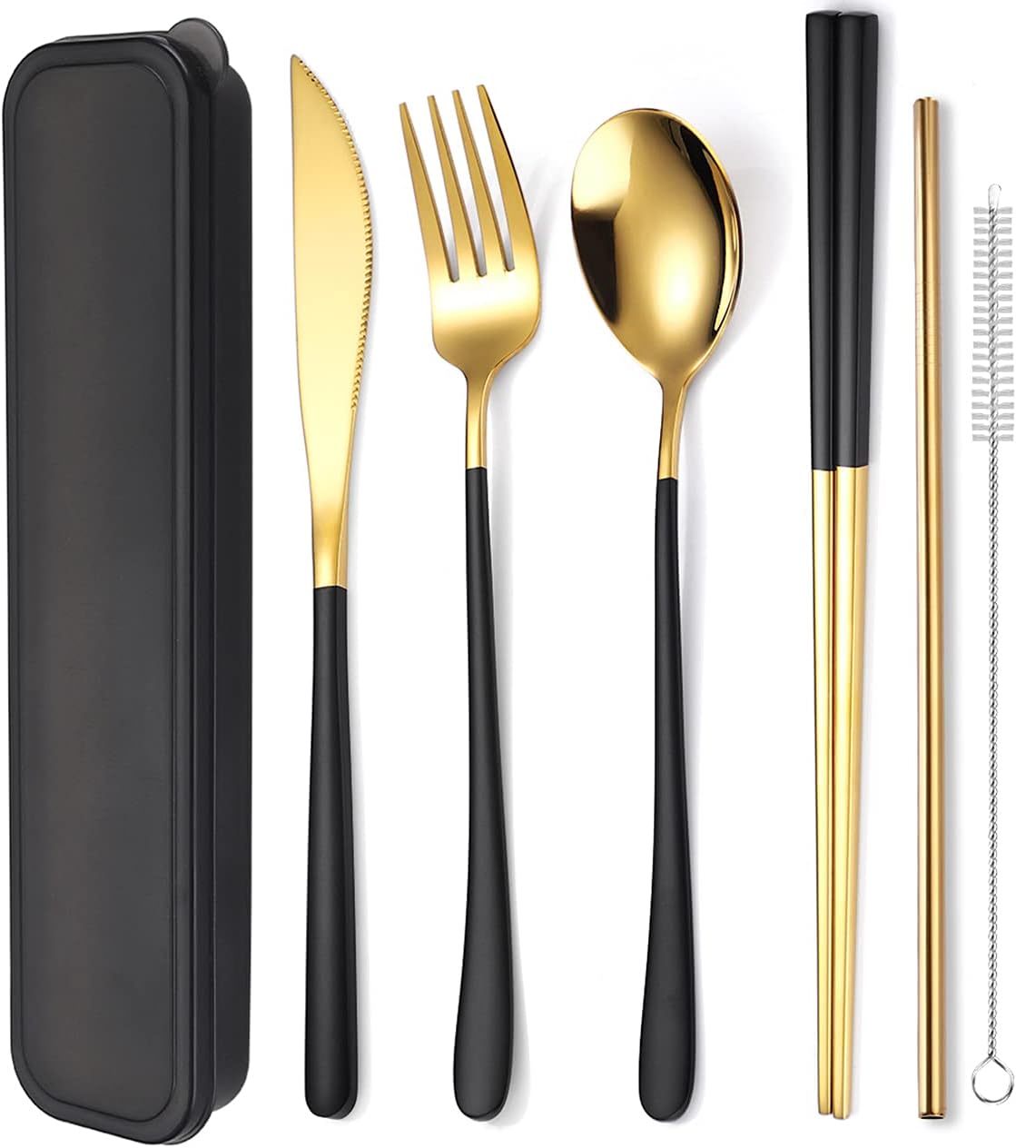 AARAINBOW 6 Pieces 18/8 Stainless Steel Flatware Set Portable Reusable Cutlery Set Travel Utensils Set Including Chopsticks Knife Fork Spoon Straws