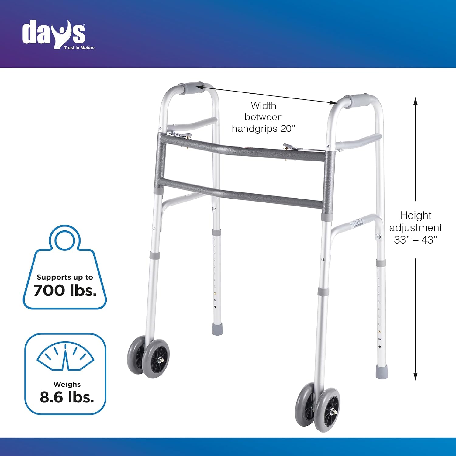 Days Bariatric Adjustable Walker with Double 5" Wheels, 700 lb Weight Capacity, Extra Wide Rollator for Elderly & Handicapped
