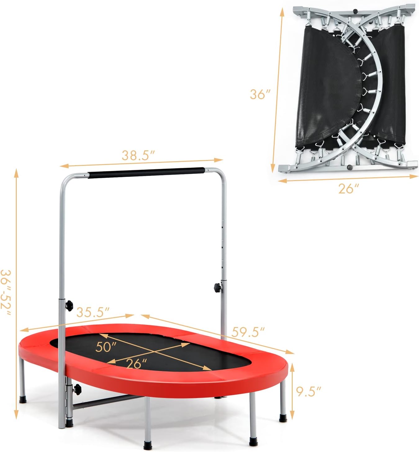 Giantex Mini Trampoline, 2 Persons Foldable Fitness Trampoline w/ 5 Levels Height Adjustable Handle, Max Load 330LBS