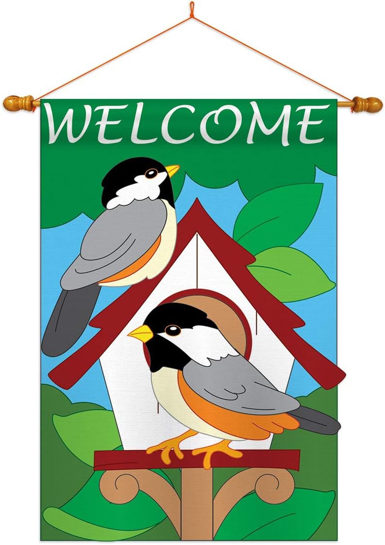 Two Group HS105030-P2-03 Bird House Garden Friends Birds Applique Decorative Vertical 28" x 44" Double Sided Flag Set Wood Dowel with String Hardware
