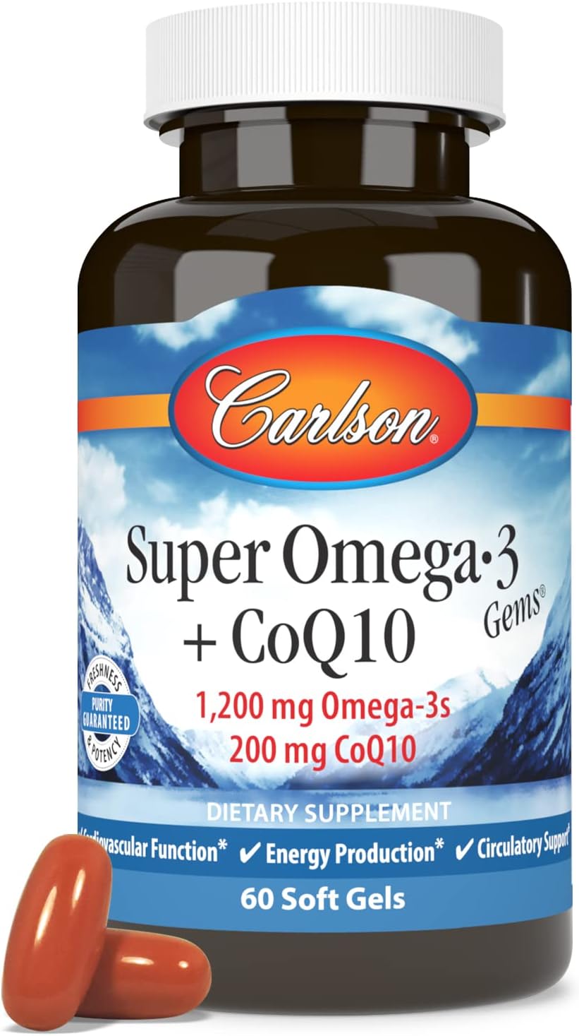 Carlson Super Omega-3 Gems + CoQ10, 1200 mg, Omega-3s, 60 Softgels | 200 mg CoQ10; Norwegian; Wild Caught; Sustainably Sourced