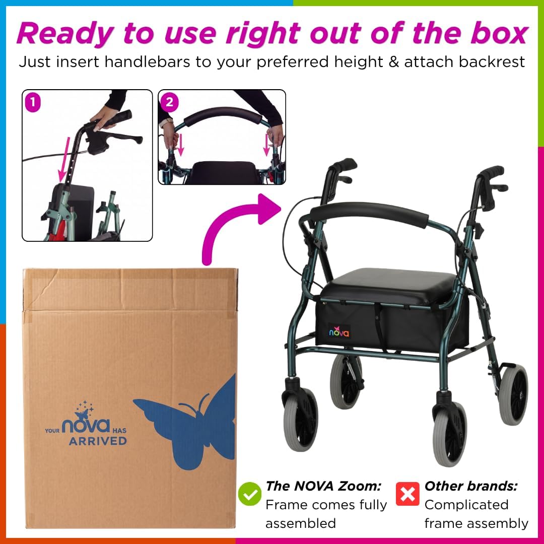 NOVA Zoom 22 Rollator Walker for Seniors, Rolling Walker with Locking Hand Brakes, Padded Seat & 8" Wheels, Lock N Load for Easy Transport & Storage, Adjustable Height 5'5"–6'1", Red