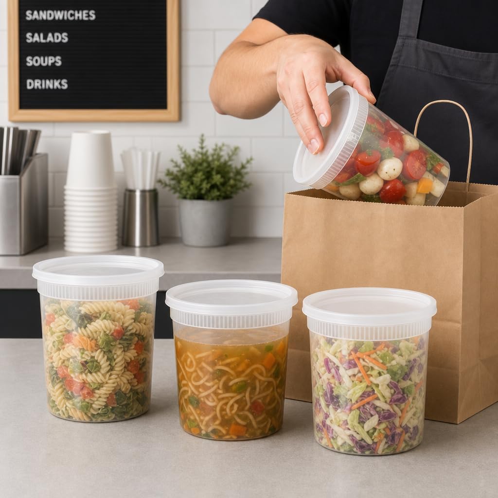 Basix Deli Containers with Lids, 32 Oz Leakproof Plastic, 24 Count | Microwave & freezer safe, for soup, snacks, leftovers, takeout & picnics