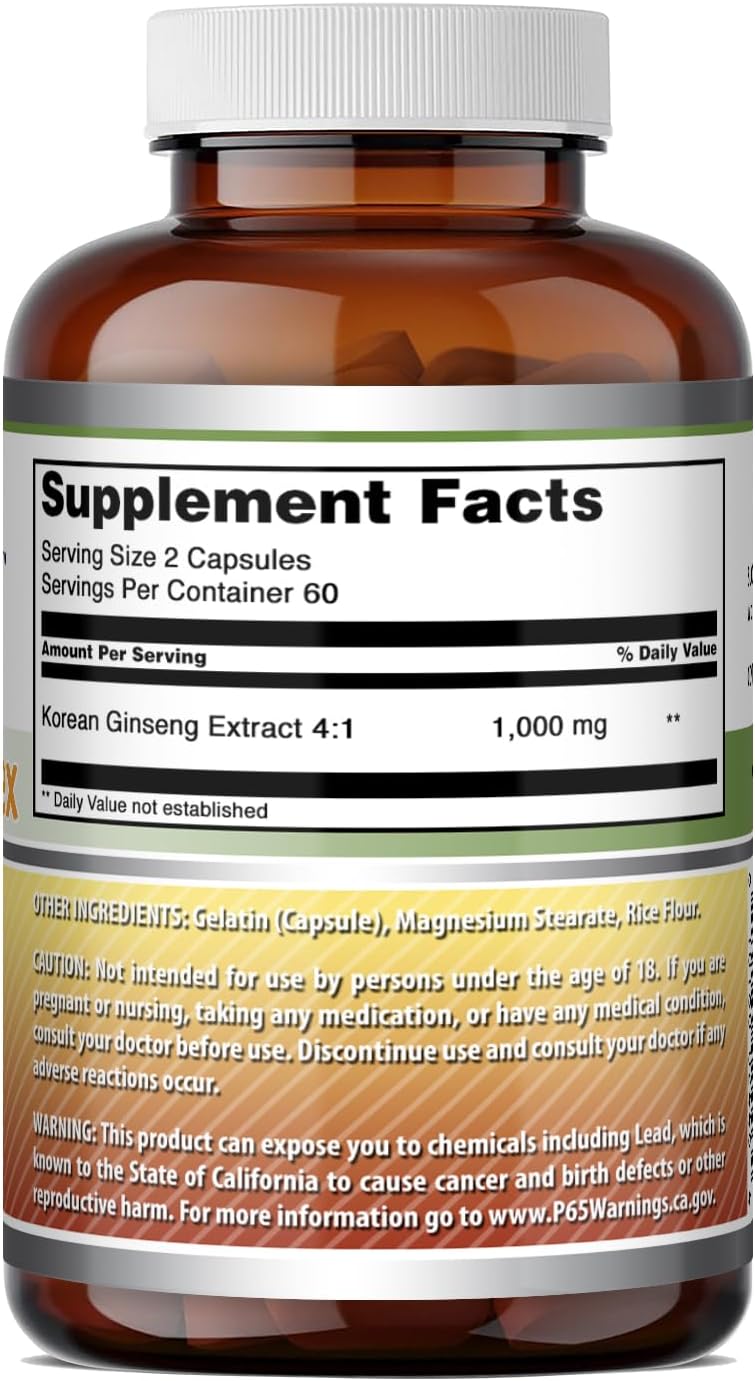 Amazing Formulas Ginseng Complex 1000 Mg of 4:1 Korean Ginseng Extract | Capsules Supplement | Non-GMO | Gluten-Free | Made in USA (1 Pack | 120