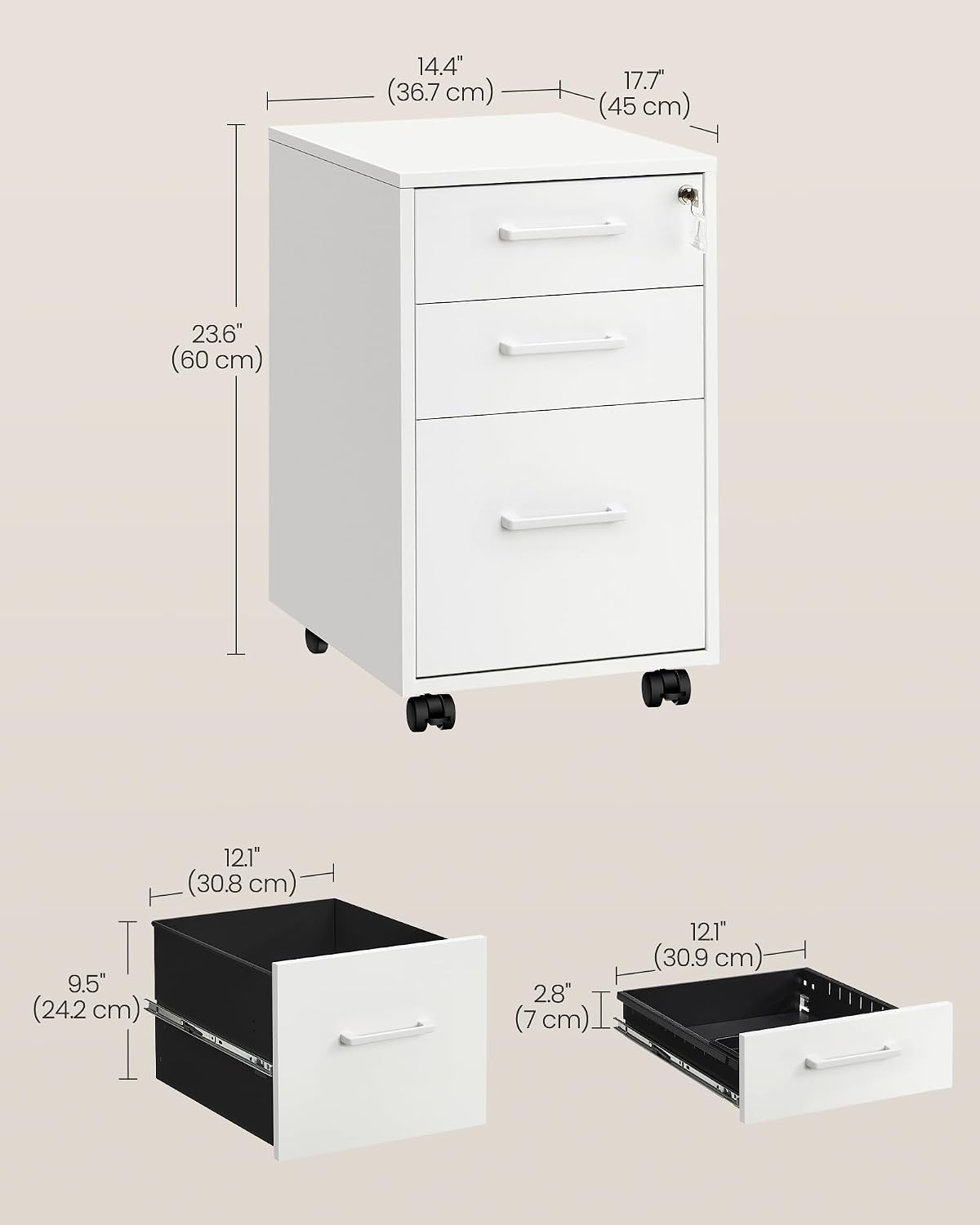 SONGMICS File Cabinet, Pre-Assembled Except Wheels and Handles, Office Filing Cabinet with Lock, for A4, Legal, Letter Sized Documents
