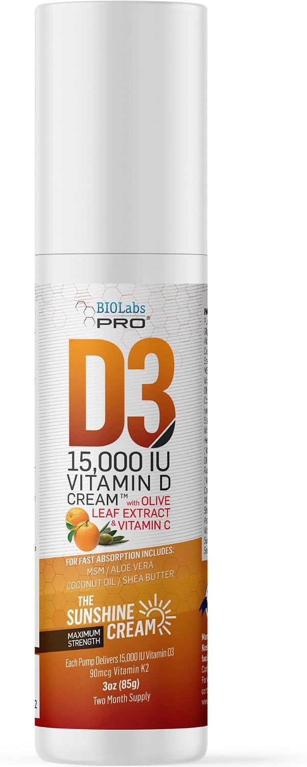 All Natural Vitamin D3 15000IU Vitamin D Cream, Maximum Strength Vitamin K2 | Fight Vitamin D Deficiency Naturally, with Olive Leaf Extract
