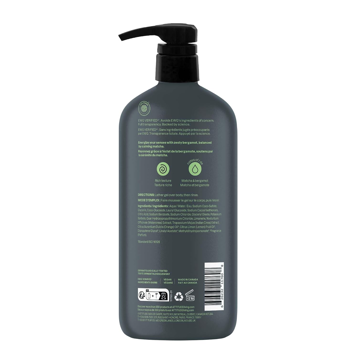 ATTITUDE Body Wash, EWG Verified Shower Gel, Dermatologically Tested, Plant and Mineral-Based, Vegan Personal Care Products, Earl Grey & Fresh Cucumber, 16 Fl Oz