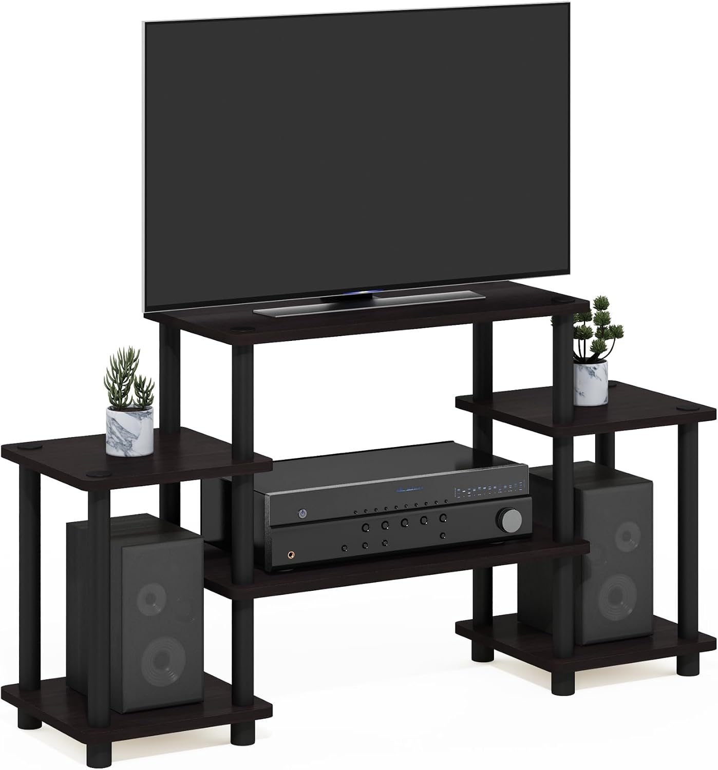 Furinno Turn-N-Tube No Tools Entertainment Center, Round Square Corner, French Oak Grey/Black | Raised Top, Open Shelves TV Console with for TV up to 32 Inch, for Living Room, Bedroom