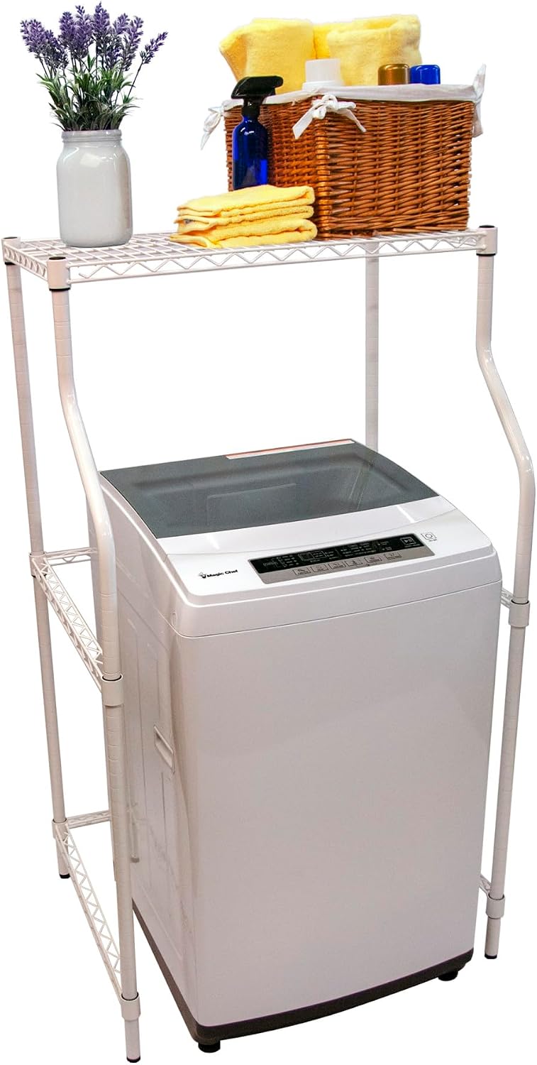 Magic Chef Compact Home Laundry Stand with Upper Dryer Shelf, White | Compact Laundry Stand, White Powder Coated Metal