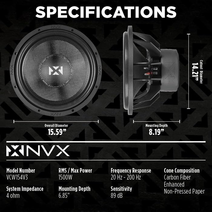 NVX VCW152v3 15" 3000 Watt Max (1500W RMS) Dual 2-Ohm VC-Series Car Subwoofer (VCW152 Version 3) | 3000 Watt Max (1500W RMS) Car Subwoofer