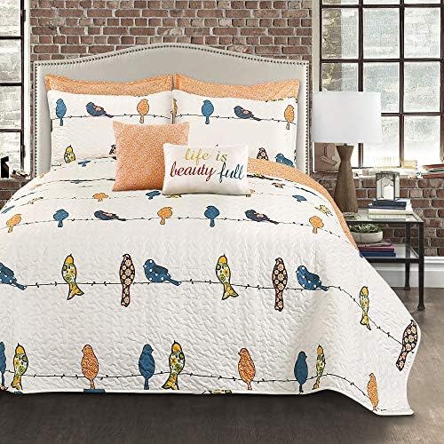 Lush Decor Rowley Birds Quilt Set, 7 Piece Set, Full/ Queen, Multi - Reversible Bird Bedding Set With Pillow Cases & Throw Pillows - Colorful