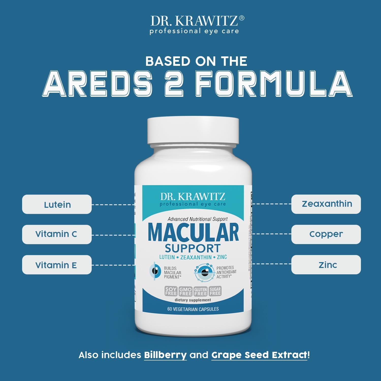 Macular Support with Lutein, Zeaxanthin Supplements, 60 Vegetarian Capsules | Doctor Formulated Eye Vitamins for Adults with Vitamin C, E, B6, Calcium