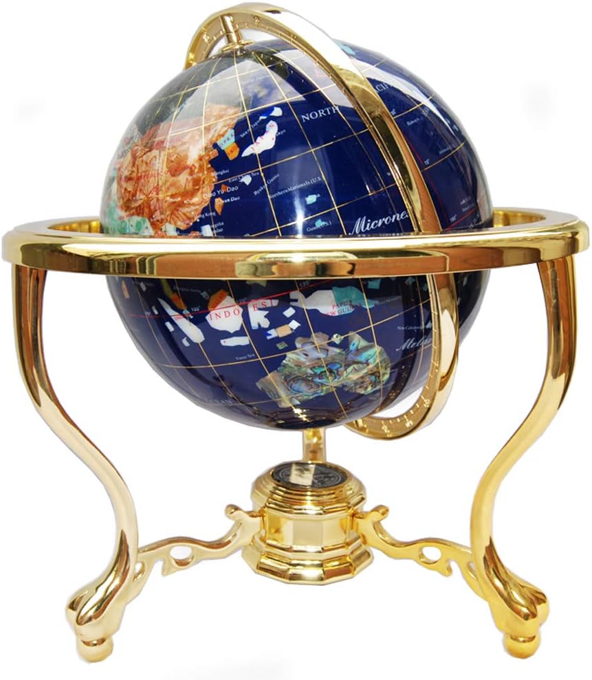 14" Tall Blue Lapis Ocean Gemstone Globe with Tripod Gold Stand