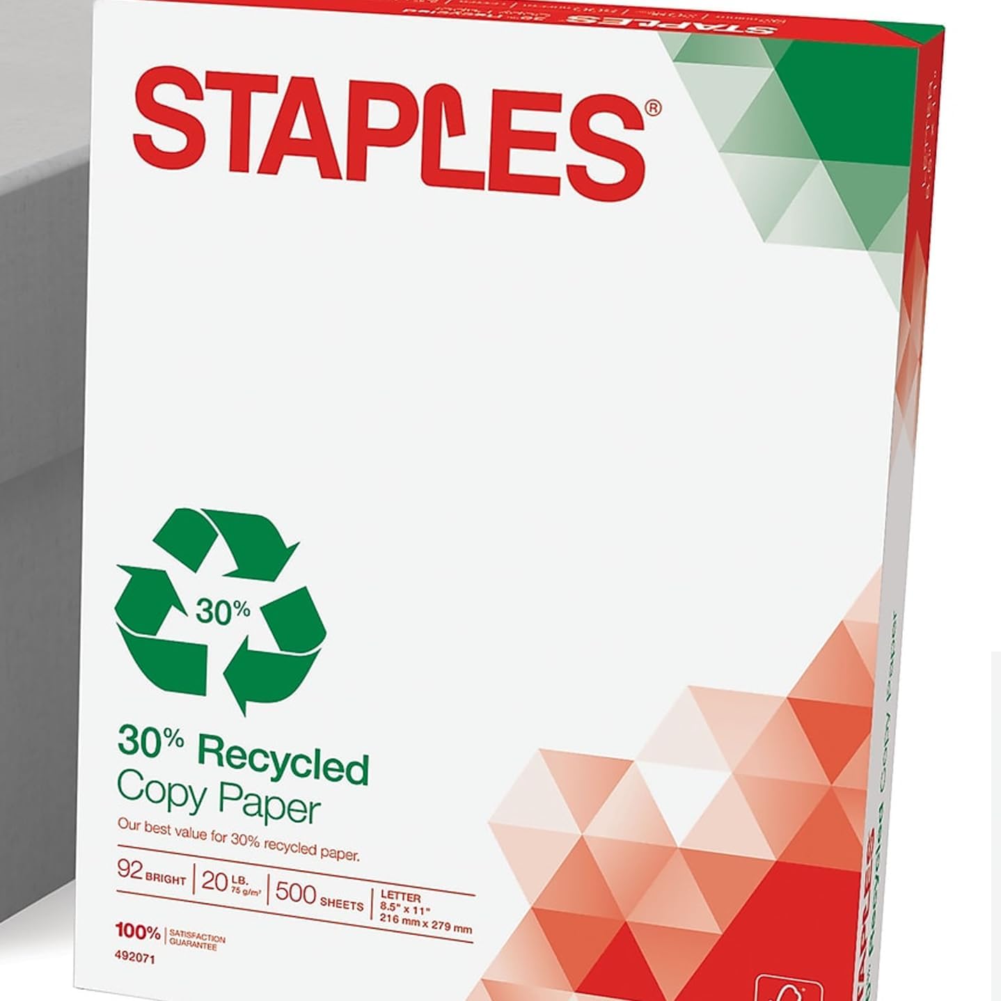 Staples 30% Recycled 8.5-Inch X 11-Inch Copy Paper 20 Lbs 92 Brightness 500/Ream, For Office, School & Home
