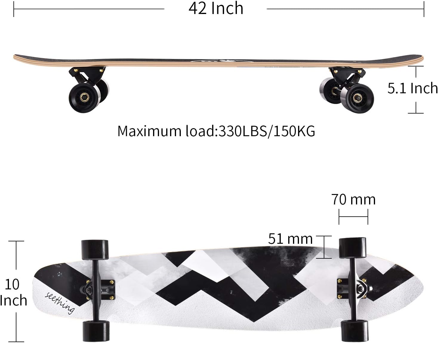 seething 42 Inch Longboard Skateboard Complete Cruiser Pintail, The Original Artisan Maple Skateboard Cruiser Pintail for Cruising, Carving