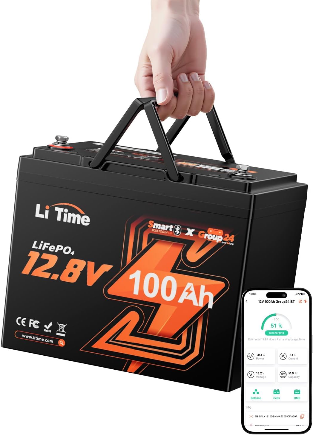 Litime 12V 50Ah LiFePO4 Trolling Motor Battery for Marine RV Solar Camper