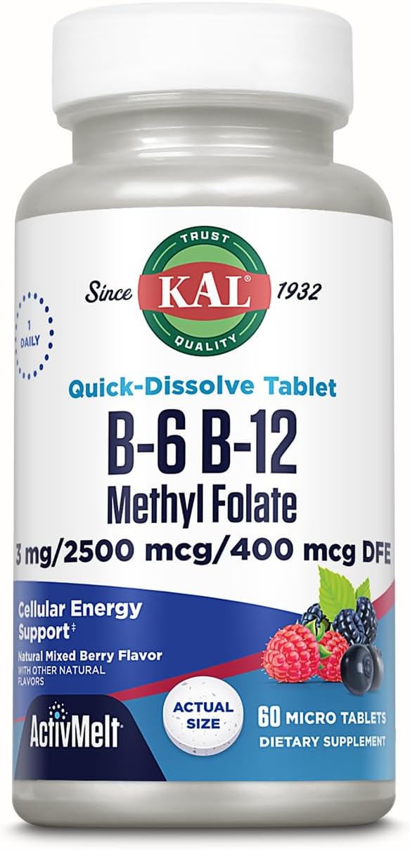 KAL Vitamin B-6 B-12 Folic Acid DropIns, Liquid Vitamin B Supplement Drops, Heart Health, Energy, Red Blood Cell Support with Methyl B12 and Methyl Folate, Natural Mixed Berry Flavor, 59 Servings, 2oz | Cardiovascular, Energy & Nerve Support - Active P-5…