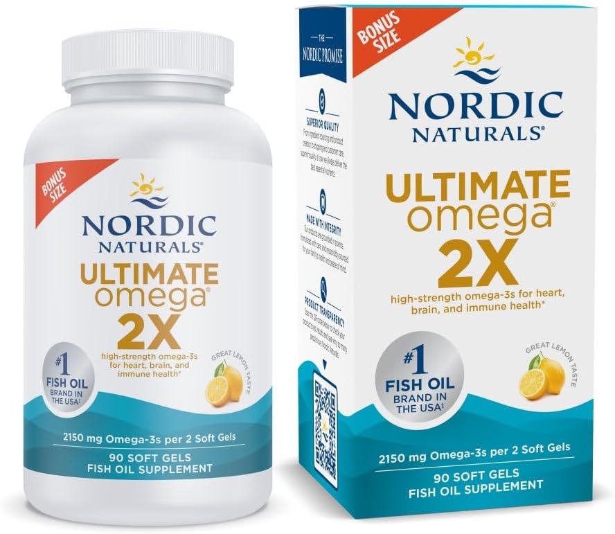Nordic Naturals Ultimate Omega 2X, 2150mg Fish Oil, Lemon - 60 Count | High-potency 2X formula with EPA & DHA for brain & heart health. Non-GMO soft gels. 30 servings.