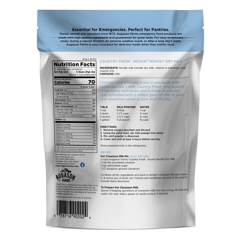 Augason Farms Country Fresh Instant Nonfat Dry Milk Powder | 39 Servings, 20 Year Shelf Life, Gluten Free