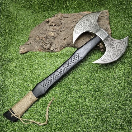 Poshland AX-7000 Custom Gift Forged Carbon Steel Viking Axe with Rose Wood Shaft, Viking Bearded Camping Axe