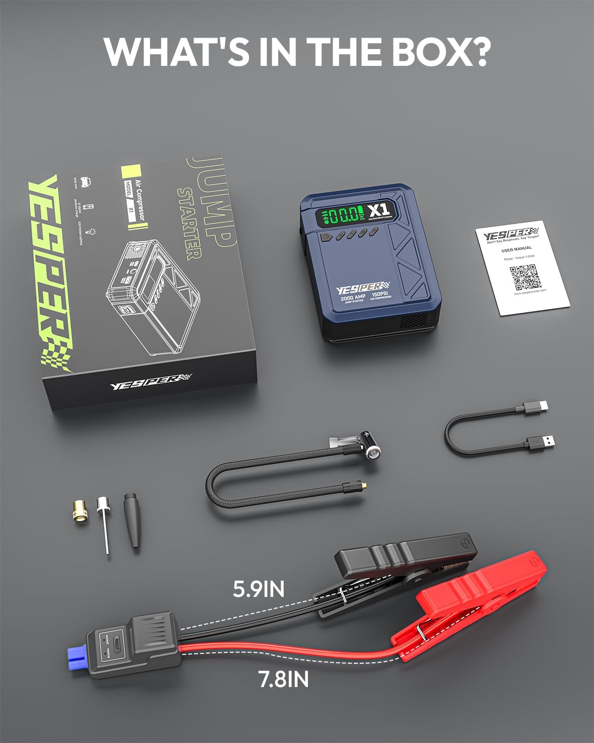 YESPER Jump Starter with Air Compressor 2000A 150PSI Battery Jumper Starter Portable(8L Gas/6L Diesel), 12V Car Jump Pack Battery Charger Jump Box with Jumper Cables, LCD Display, Lights | 2000A Battery Jumper Starter Portable(8L Gas/6L Diesel), Car Batt…