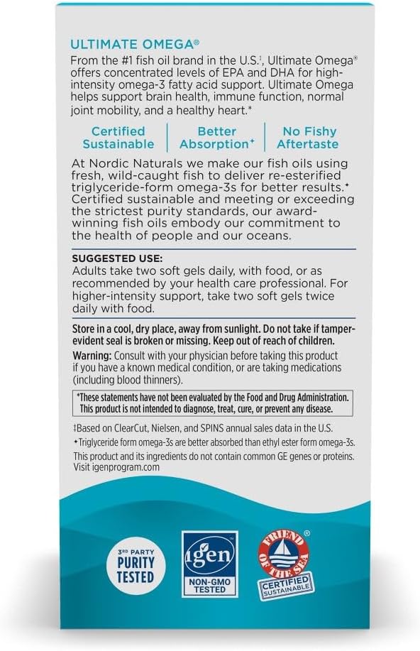 Nordic Naturals Ultimate Omega, 1280mg Omega-3 Fish Oil, Lemon - 60 Count | High-potency Omega-3 Fish Oil with EPA & DHA supports brain & heart health. Non-GMO, burpless formula. 30 servings.