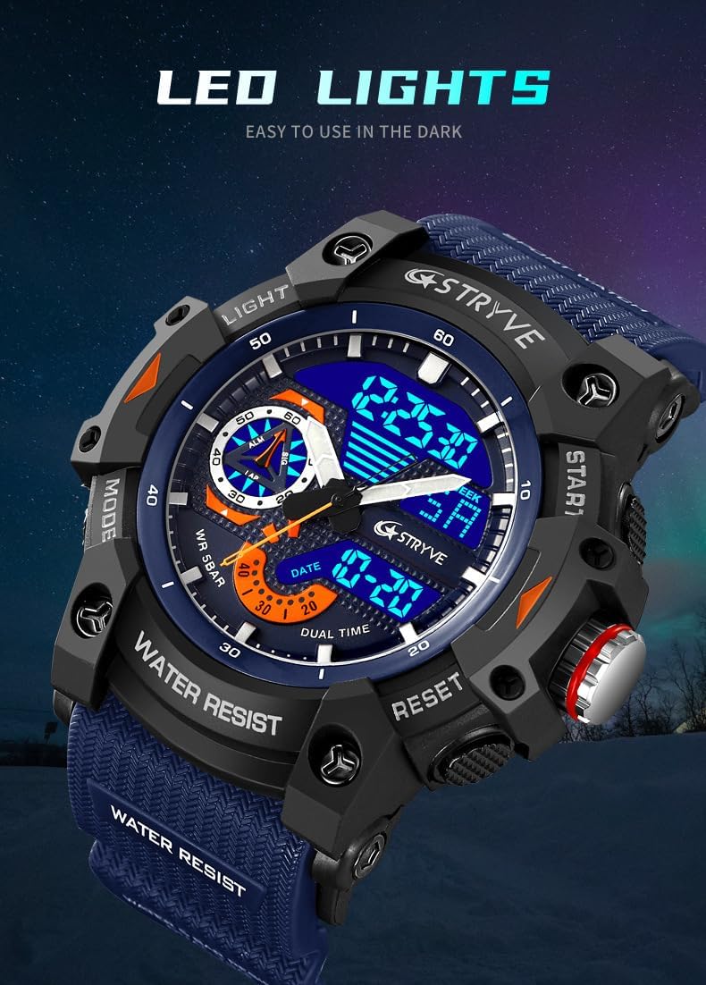 Gosasa Men's Large Face Outdoor Sports Watches Military S-Shock Watch Waterproof, Backlight, Alarm, Stopwatch Features - Rugged Wristwatch for Training, Hiking, and Adventure