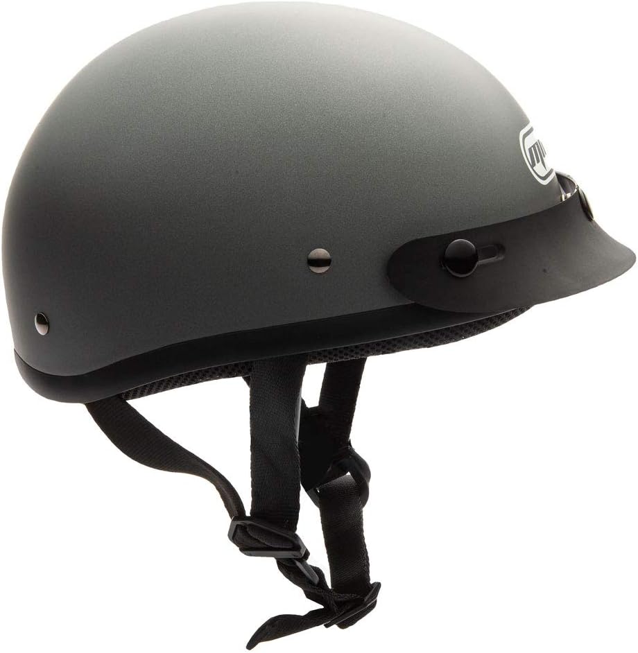 MMG Adult Half Shell Helmet, Motorcycle/Scooter/Moped, Matte Gray, Medium | Lightweight Polycarbonate/ABS half shell, goggles included. Padded washable liner, double D-ring strap. DOT FMVSS-218.