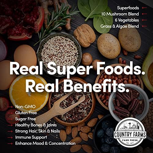 Country Farms Collagen Peptides Powder with Greens Dietary Powder Supplement (Type I, III) for Skin Hair Nail and Joints, Dairy/Sugar Free, Energizing Superfoods, Natural, 10.6 Oz 30 Servings