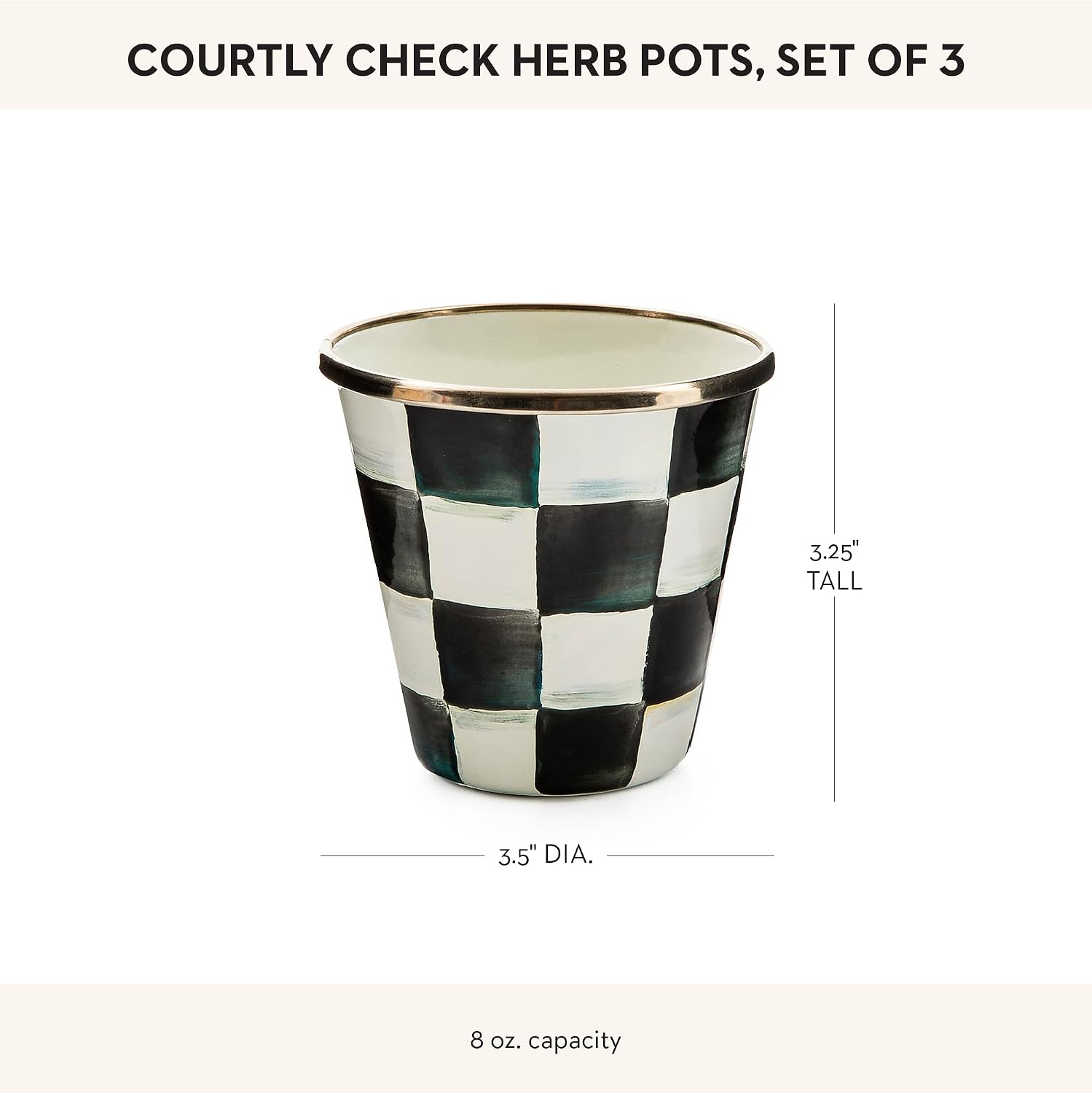 MACKENZIE-CHILDS Enamel Herb Pot Set, Small, Black-and-White Courtly Check | Hand-painted design, small plant pots for herbs or flowers, 8-ounce capacity per pot, set of 3